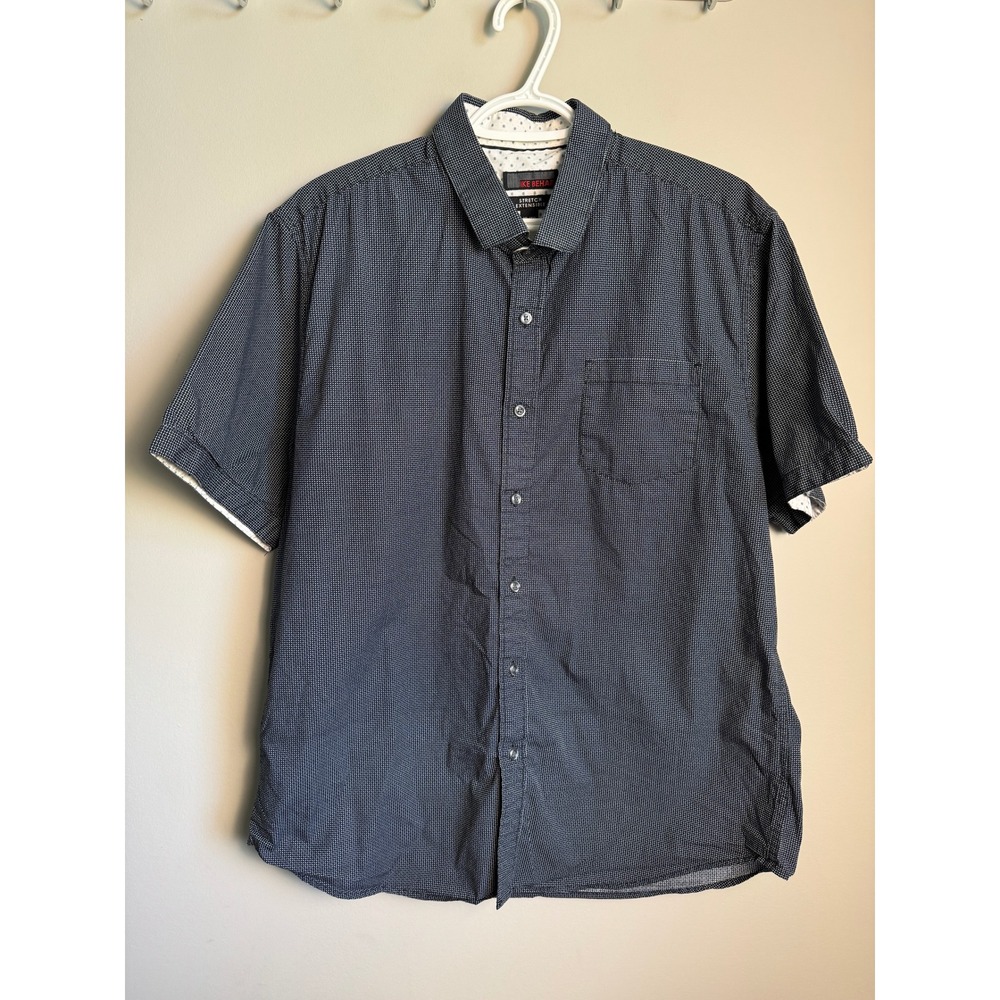 Ike Behar Short Sleeve Button Up Shirt Mens XL Navy Gray Micro Print Stretch